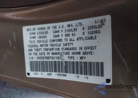 2003 Honda Cr-V Ex из США, поврежденный, VIN SHSRD78873U118334